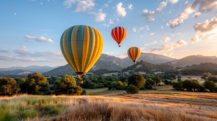 Obraz premium A picturesque scene with three hot air balloons floating over lush countryside at dusk, the sky illuminated with soft evening light and the landscape dotted with trees.