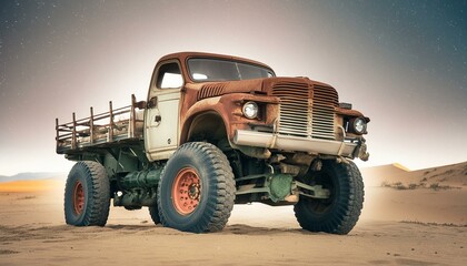 Obraz premium Rusty old apocalyptic monster car ridignt through desert