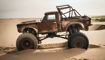 Fototapeta premium Rusty old apocalyptic monster car ridignt through desert