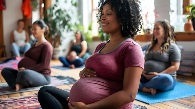pregnant woman participating in a prenatal fitness class with other expectant mothers