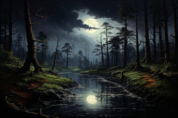 Fototapeta premium Moonlit Creek in a Dense Forest