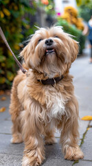 Lhasa apso dog with a brown collar stands on a sidewalk