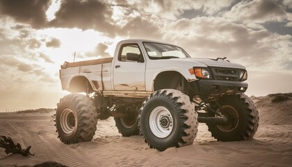 Obraz premium Rusty old apocalyptic monster car ridignt through desert