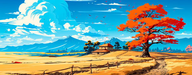 Beautiful autumn farm landscapes in a simple, minimalist cartoon style. Stunning Mediterranean landscapes captured in artwork. who appreciates the beauty of nature and art combined.