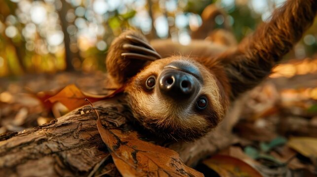 A charming sloth lying on the ground covered with autumn leaves, capturing an adorable and peaceful moment of this slow-moving creature in its natural habitat.