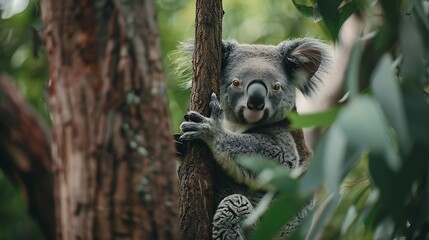 Fototapeta premium Koala on a tree with bush green background