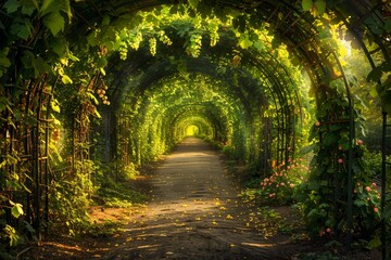 Obraz premium Organic vineyard with grapevines growing on arched trellises, forming a tunnel effect with sunlight filtering through the leaves, creating a magical pathway 