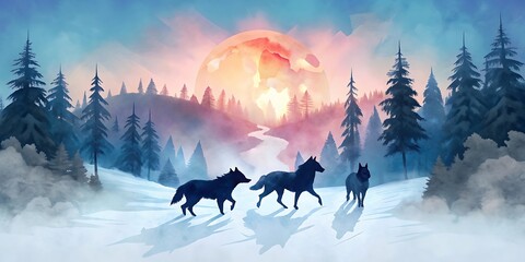 Wolf Pack Forest Sunset Scene as Wallpaper or Poster Design