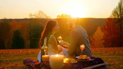 A couple is sitting on a blanket in a autumn grassy field, enjoying a romantic dinner with wine glasses and candles. Romantic Picnic Date - Powered by Adobe