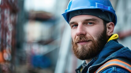 Fototapeta premium Male portrait of a construction worker at a building site, wearing a hard hat. 
