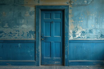Textured blue wooden door set in a wall with weathered paint, evoking nostalgia and age