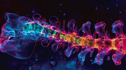 Human spine showing vertebrae, discs, spinal cord and nerves glowing in neon colors