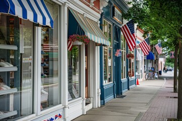A charming small-town main street is decked out in patriotic decorations, with storefronts showcasing vibrant window displays. The atmosphere is lively and festive, perfect for a summer celebration.