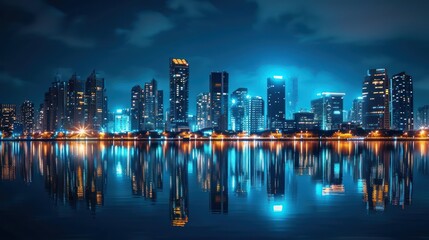 Nighttime cityscape with high-rise buildings reflecting in water. 