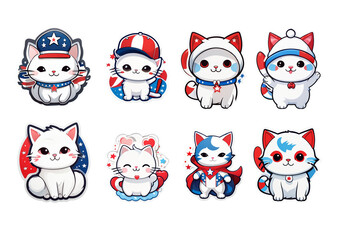 Fototapeta premium 8 Cute Kawaii Cats in Chibi Style, Sticker bundle, Patriotic Red and Blue USA Theme, transparent background, A4 Printable