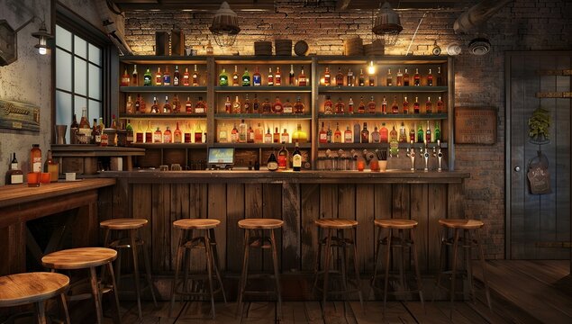 Cinematic Urban Jungle Bar with Long Counter, Tall Wooden Stools, and Warm Lighting in Red, Green, and Blue Color Scheme
