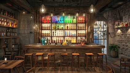 Cinematic Urban Jungle Bar with Long Counter, Tall Wooden Stools, and Warm Lighting in Red, Green, and Blue Color Scheme