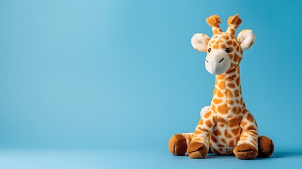 Little toy giraffe plushie on blue background