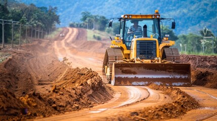 Bulldozer Grading Road in a Tropical Forest. - obrazy, fototapety, plakaty