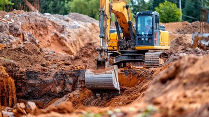 Obraz premium Excavator Digging a Trench at a Construction Site.