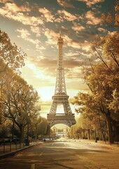 Famous places in Paris: Eiffel Tower. Hyper-realistic illustration.