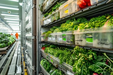 Reefer containers with advanced cooling systems, temperature monitoring devices, and fresh produce being loaded for international transport 
