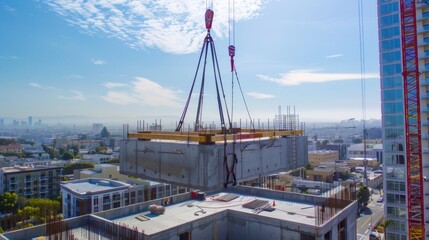 Crane Lifting Concrete Slab During Construction of a High-Rise Building.