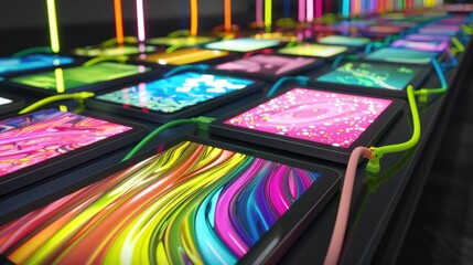 Creative Collaboration in Art Class with Tablets and Vibrant Digital Art