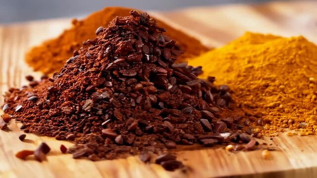 Vibrant ground spices piled on wooden surface