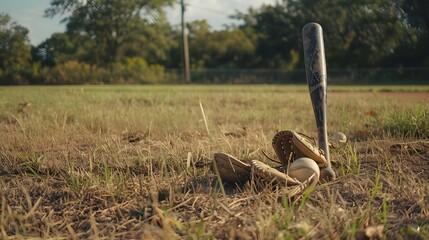 Old Baseball, Glove, and Bat on Field.