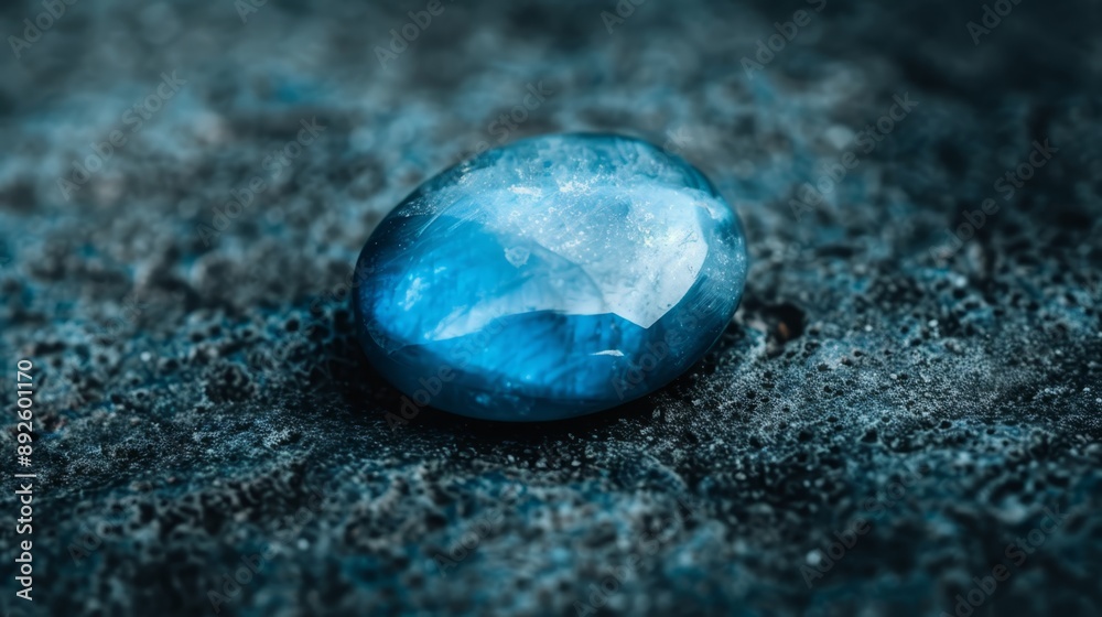 Poster  A large blue stone rests atop a black table Nearby, a white object sits on a separate black surface