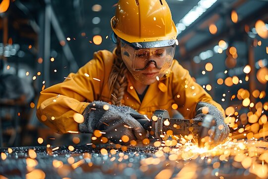 Industrial Female Worker Using Angle Grinder in Safety Gear with Sparks Flying Manufacturing Industry Concept