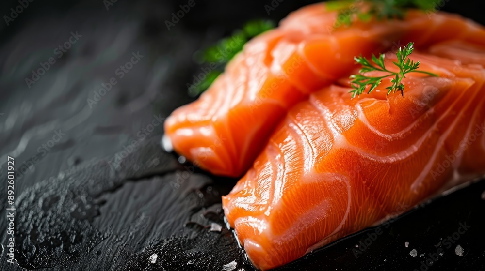 Poster  A tight shot of two uncooked salmon fillets against a black backdrop, garnished with a single sprig of parsley