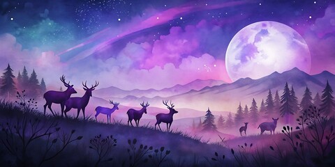 Deer Herd Under Starry Night as Wallpaper or Poster Design