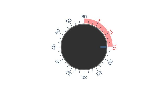 animated timer 5 to 60 minute with circle round button, cooking timer clock stopwatch. animation video on alpha channel background.