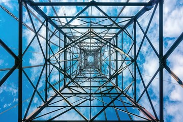Fototapeta premium A bottom up view 5G antenna gleams atop a towering telecommunication mast against the backdrop blue sky
