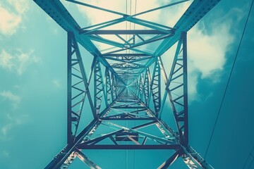 A bottom up view 5G antenna gleams atop a towering telecommunication mast against the backdrop blue sky