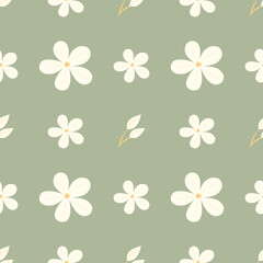 Flowers and leaves seamless pattern. Flower simple minimalistic seamless pattern graphic design for paper, textile print, page fill. Floral background with hand drawn wild flowers, herbs and leaves. 