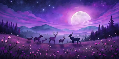 Deer Herd Under Starry Night as Wallpaper or Poster Design