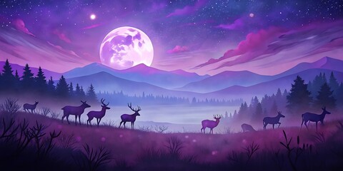 Deer Herd Under Starry Night as Wallpaper or Poster Design