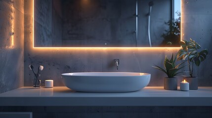 Minimalist bathroom vanity, long rectangular mirror, backlit, white sink countertop, gray wall, soft lighting, clean lines, modern design, hygienic, spa-like atmosphere.