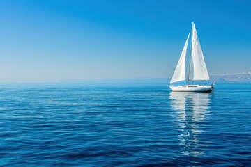Obraz premium A serene sailboat glides over calm blue ocean waters under a clear sky, ideal for summer vacation relaxation