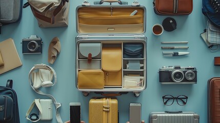 Packing suitcase for travel vacation in new normal top view