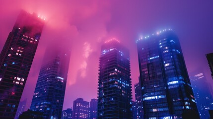 Spectacular view of a high-rise building glowing in the dark against urban backdrop.