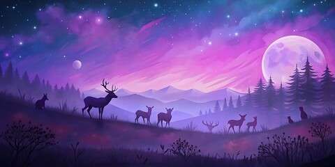 Deer Herd Under Starry Night as Wallpaper or Poster Design