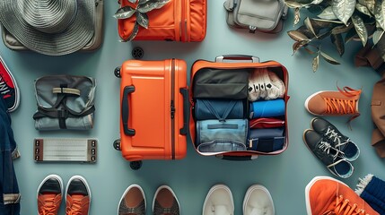 Packing suitcase for travel vacation in new normal top view