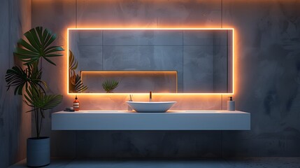 Minimalist bathroom vanity, long rectangular mirror, backlit, white sink countertop, gray wall, soft lighting, clean lines, modern design, hygienic, spa-like atmosphere.