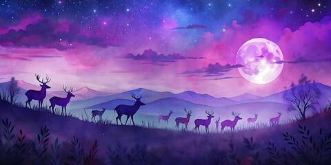 Deer Herd Under Starry Night as Wallpaper or Poster Design