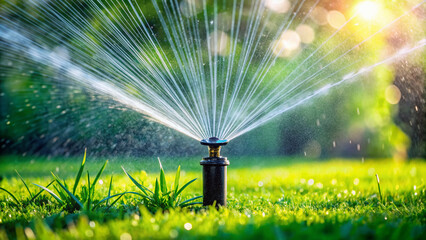 Automatic lawn sprinkler watering green grass. Sprinkler with automatic system. Garden irrigation system watering lawn. Water saving or water conservation from sprinkler system with adjustable head.