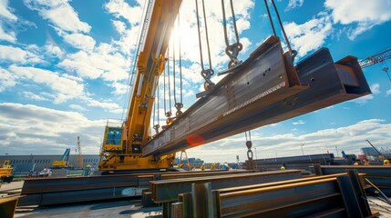 Crane Lifting Steel Beam on Construction Site.